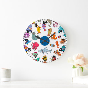 Reloj Redondo Grande Animales de Vida Marina Coloridos Personajes del O