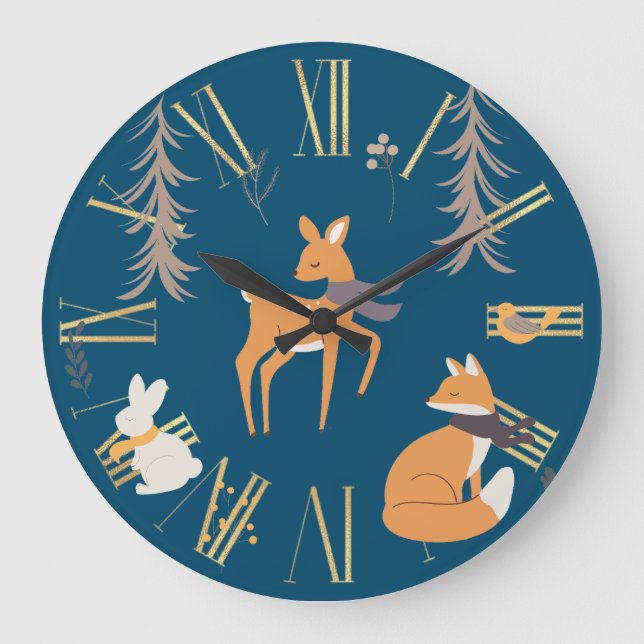 Reloj Redondo Grande Animales de Winter Woodland Navidades de Arte Azul (Anverso)