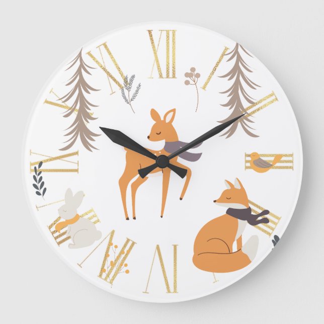 Reloj Redondo Grande Animales de Winter Woodland Navidades de arte folc (Anverso)