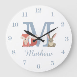 Reloj Redondo Grande Animales del Bosque Azul Bebé Niño Inicial Monogra