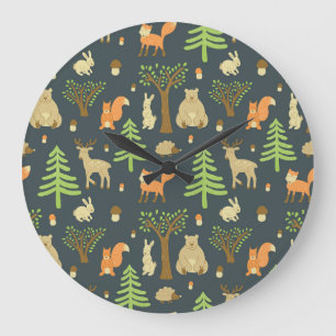 Reloj Redondo Grande Animales del bosque vintage, patrón infantil.