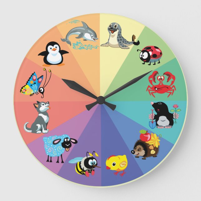Reloj Redondo Grande animales del dibujo animado para los niños (Anverso)