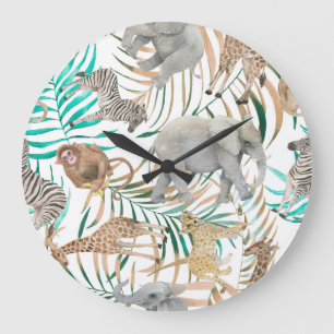 Reloj Redondo Grande Animales exóticos: Patrón de verano acuarela.