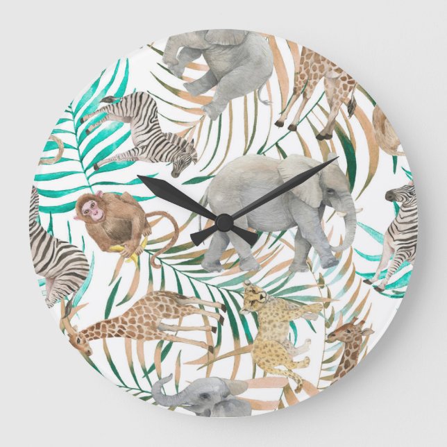 Reloj Redondo Grande Animales exóticos: Patrón de verano acuarela. (Anverso)