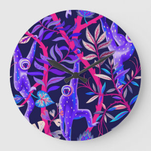 Reloj Redondo Grande Animales tropicales: patrón de monos azules.