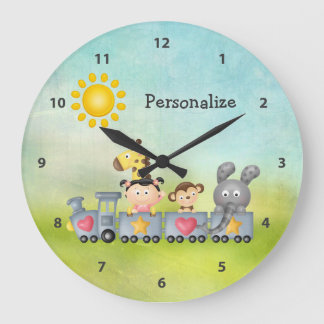 Reloj Redondo Grande Animales y chica lindos en el tren