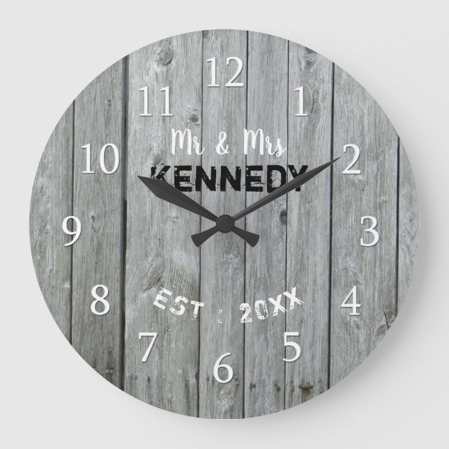 Reloj Redondo Grande Aniversario de boda de madera gris rústico (Anverso)