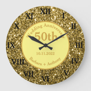 Reloj Redondo Grande Aniversario de bodas de oro 50º Sparkle Gold Glam