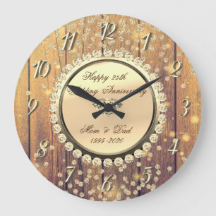 Reloj Redondo Grande Aniversario de bodas de oro diamantes madera 25