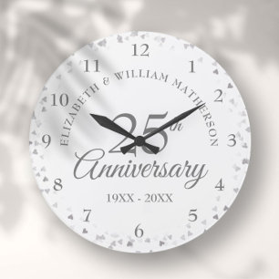 Reloj Redondo Grande Aniversario de bodas de plata Corazones de confeti