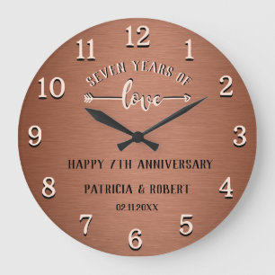 Reloj Redondo Grande Aniversario de Cobre Feliz 7º Aniversario de Boda