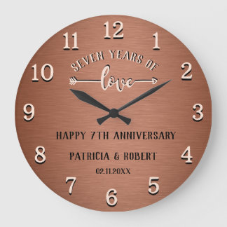 Reloj Redondo Grande Aniversario de Cobre Feliz 7º Aniversario de Boda