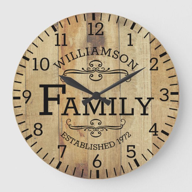 Reloj Redondo Grande Aniversario de la familia Rustic Plank Wood Person (Anverso)