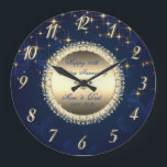 Reloj Redondo Grande Aniversario de la Marina Azul de las Estrellas de<br><div class="desc">Elegantes diamantes de oro y estrellas en el reloj del aniversario del boda azul marino.</div>