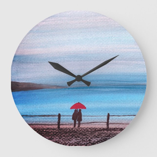 Reloj Redondo Grande Aniversario de la pareja de Bodas de paraguas rojo (Anverso)