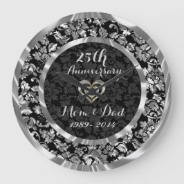 Reloj Redondo Grande Aniversario del Boda 25 de Plata Negra y Metálica