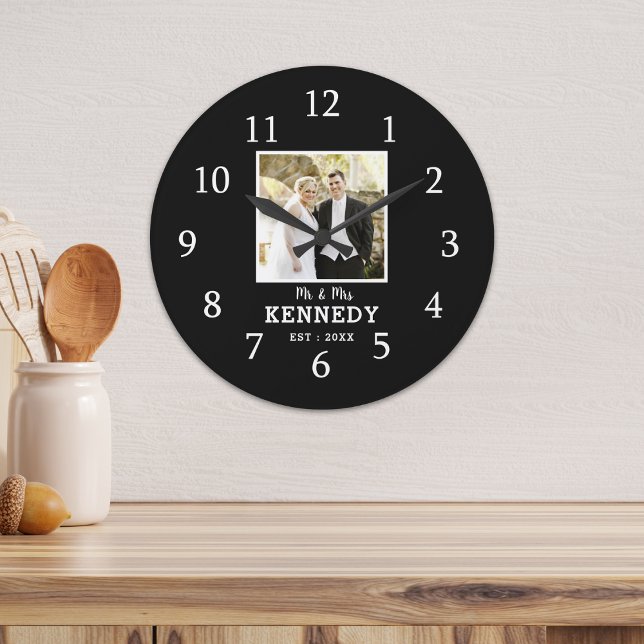 Reloj Redondo Grande Aniversario Del Boda De Foto Personalizado Blanco  (Custom Photo Wedding Anniversary Black And White Large Clock)