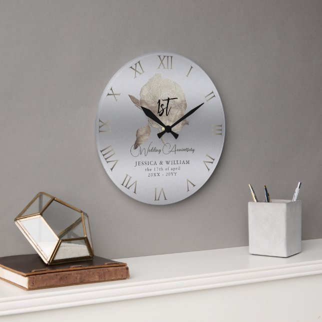 Reloj Redondo Grande Aniversario del Boda de vidrio helado Silver Peony (Oficina)