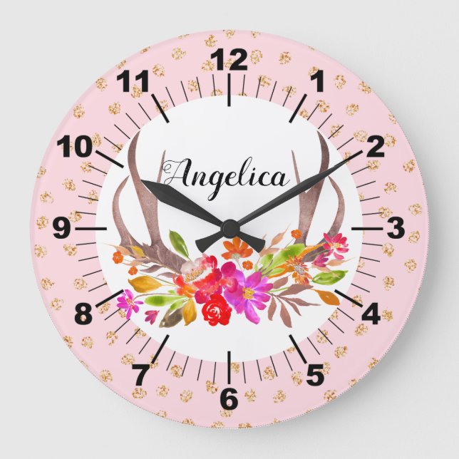 Reloj Redondo Grande Anteojos de ciervos florales personalizados (Anverso)