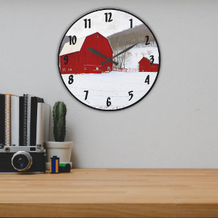 Reloj Redondo Grande Antigua granja de graneros rojos en una escena de 