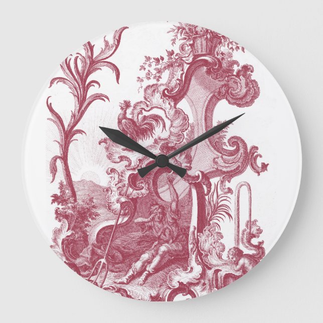 Reloj Redondo Grande Antigüedad francesa elegante Red Toile de Jouy del (Anverso)