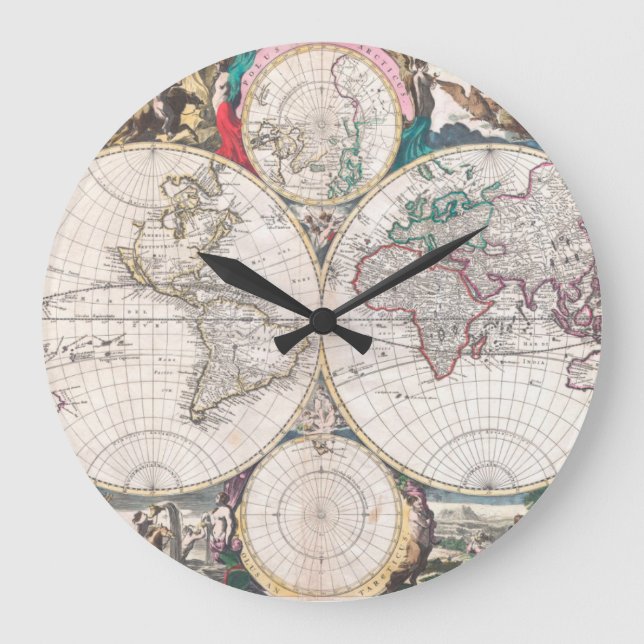 Reloj Redondo Grande Antique Double-Hemisphere World Map (Anverso)