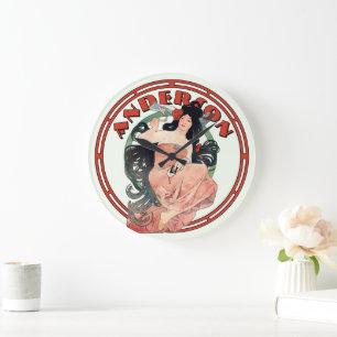 Reloj Redondo Grande Anuncio de Art Nouveau vintage de Mucha