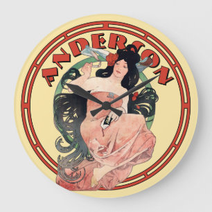 Reloj Redondo Grande Anuncio de Art Nouveau vintage de Mucha
