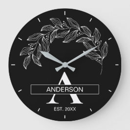 Reloj Redondo Grande Apellido de la Familia Blanco y Negro Monogramado