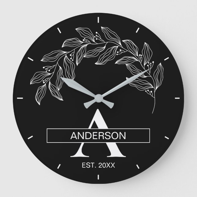 Reloj Redondo Grande Apellido de la Familia Blanco y Negro Monogramado (Anverso)