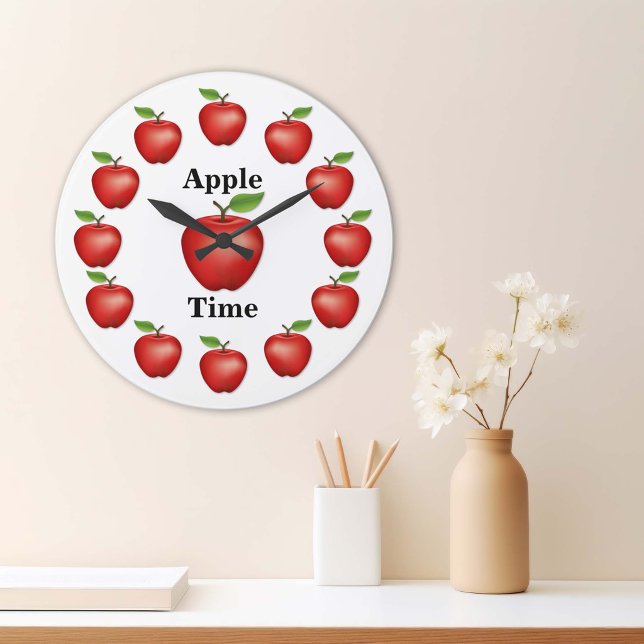 Reloj Redondo Grande Apple, Red Delicious (Red Delicious Apples Large Clock. It’s Apple Time! An original drawing from my garden. )