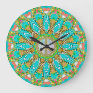 Reloj Redondo Grande Aqua Gold Groovy Fractal Gems Peace Mandala