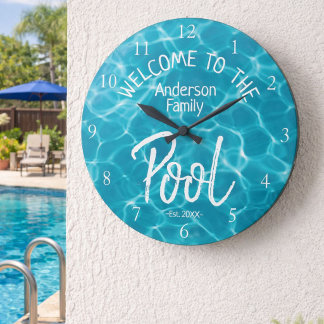 Reloj Redondo Grande Aqua Personalizada Bienvenido a la Piscina Familia