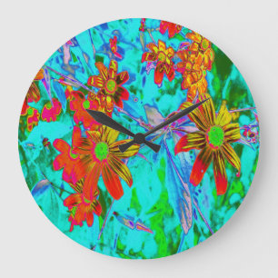 Reloj Redondo Grande Aqua Tropical con flores amarillas y Naranjas