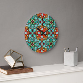 Reloj Redondo Grande Aqua Turquoise Blue Naranja Red Brown Tribe Art