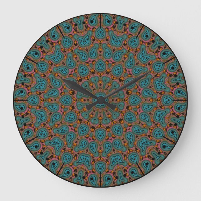 Reloj Redondo Grande Aqua y Brown Boho Paisley Kaleidoscope (Anverso)