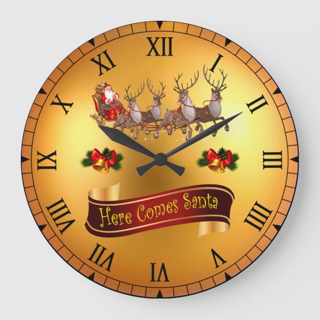 Reloj Redondo Grande Aquí Viene Santa y sus renos ~ (Anverso)