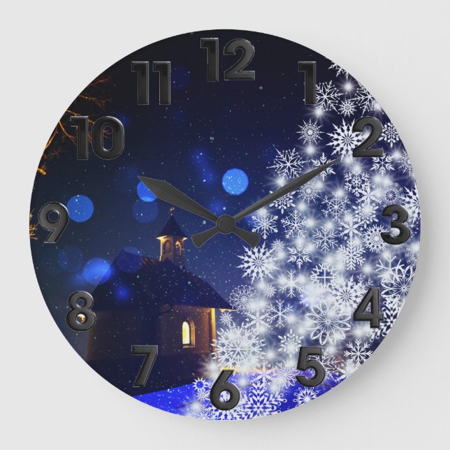 Reloj Redondo Grande Árbol blanco de Navidades azules (Anverso)