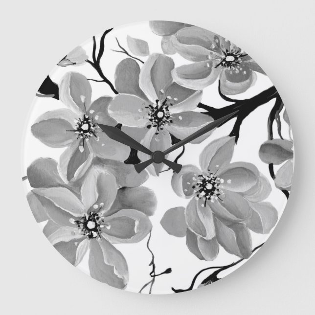 Reloj Redondo Grande Arbol de cereza japonés sakura negro y blanco  (Anverso)