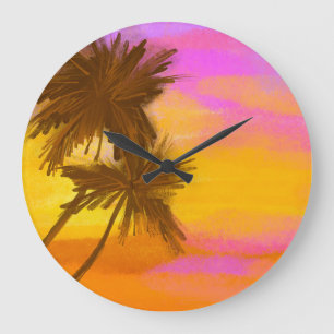Reloj Redondo Grande Árbol de coco, tema tropical del verano.