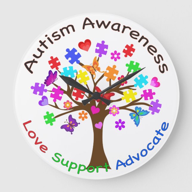 Reloj Redondo Grande Árbol de conciencia del autismo (Anverso)