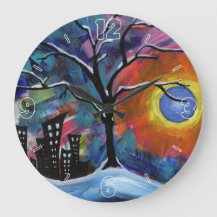 Reloj Redondo Grande Arbol de invierno y luces de la ciudad obra de art