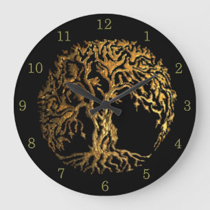 Reloj Redondo Grande Árbol de Mehndi de la vida (oro)