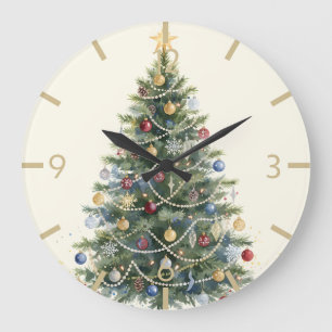 Reloj Redondo Grande Árbol de Navidad de acuarela rústica Navidades