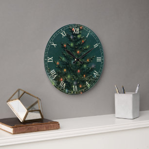 Reloj Redondo Grande Árbol de Navidad vintage por la noche con luces y 
