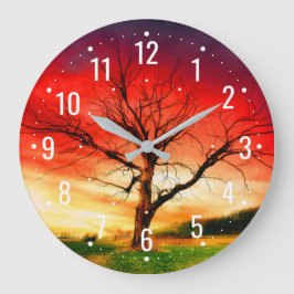 Reloj Redondo Grande Árbol de otoño con puesta de sol - Único análogo a