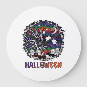 Reloj Redondo Grande Árbol de telaraña de Halloween Fantasmas Calabazas