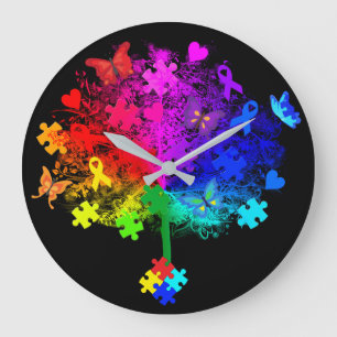 Reloj Redondo Grande Árbol del arco iris del autismo