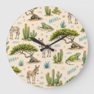 Reloj Redondo Grande árbol divi de Aruba, burro, iguana, cactus