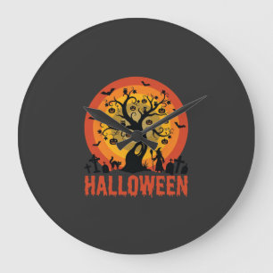 Reloj Redondo Grande Árbol Embrujado de Halloween Bruja y Gatos Negros